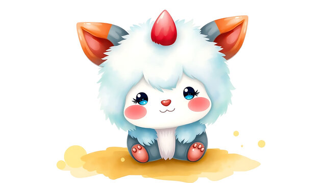 Cute Watercolor Illustration of Adorable Fluffy Kid Mysid Doll with Soft Watercolor Background