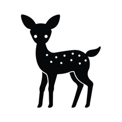 A minimalist black and white illustration of a young deer or fawn animal with white spots standing isolated