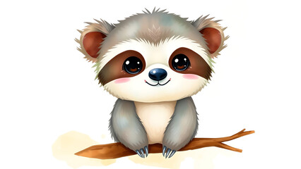 Fototapeta premium Cute Watercolor Illustration of Adorable Fluffy Kid Sloth Doll with Soft Watercolor Background Perfect for Nursery Decor and Kids Gifts