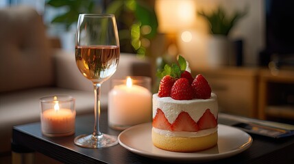 Strawberry cake and wine dessert table