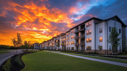 Modern apartment building during sunset with vibrant orange and blue sky, A row of beautiful townhouses with modern design, Designed with spacious units and extensive green areas.