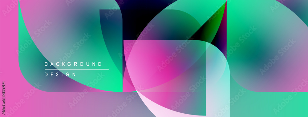 Poster Abstract vibrant design. Overlapping circles create dynamic visual effect. Pink, turquoise hues dominate composition. Modern aesthetic.