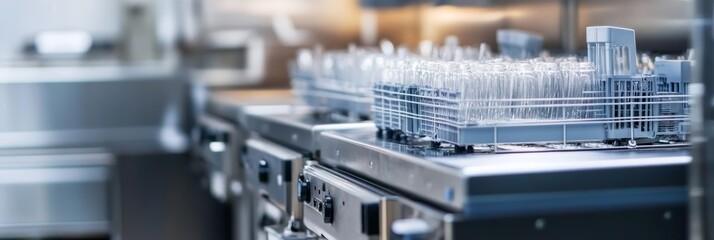Modern commercial kitchen with open dishwashers providing efficient cleaning services in rows featuring sleek stainless steel design and a soft focus background