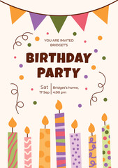 Kids birthday invitation in a cute flat style with hand drawn candles and confetti. Vector illustration for party.