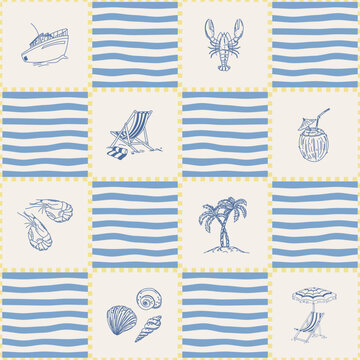 Seamless vector illustration on summer seashore and nautical elements. Lobster, seashell, ocean, palm tree, summer beach, shrimp, cocktail, boat. Tropical seamless background template for banner