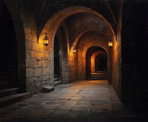 Ancient stone corridor with dim lantern lighting.
