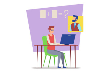 Student engaged in online tutoring session, using laptop to solve math problem while receiving guidance from teacher via video chat