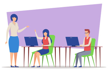 Instructor discussing topics with students in classroom setting. One student raising hand to ask question while another listening intently