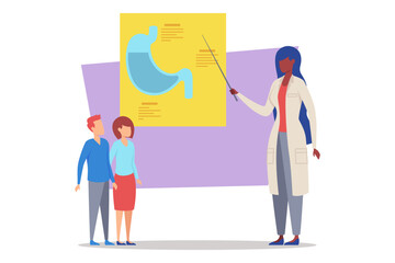 Health educator presenting information about stomach anatomy to two students in classroom setting. Educator using visual aid to enhance learning and comprehension