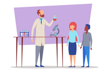 Scientist in lab coat showing experiment to two students, one male and one female, in well-equipped laboratory. People engaged and curious about demonstration