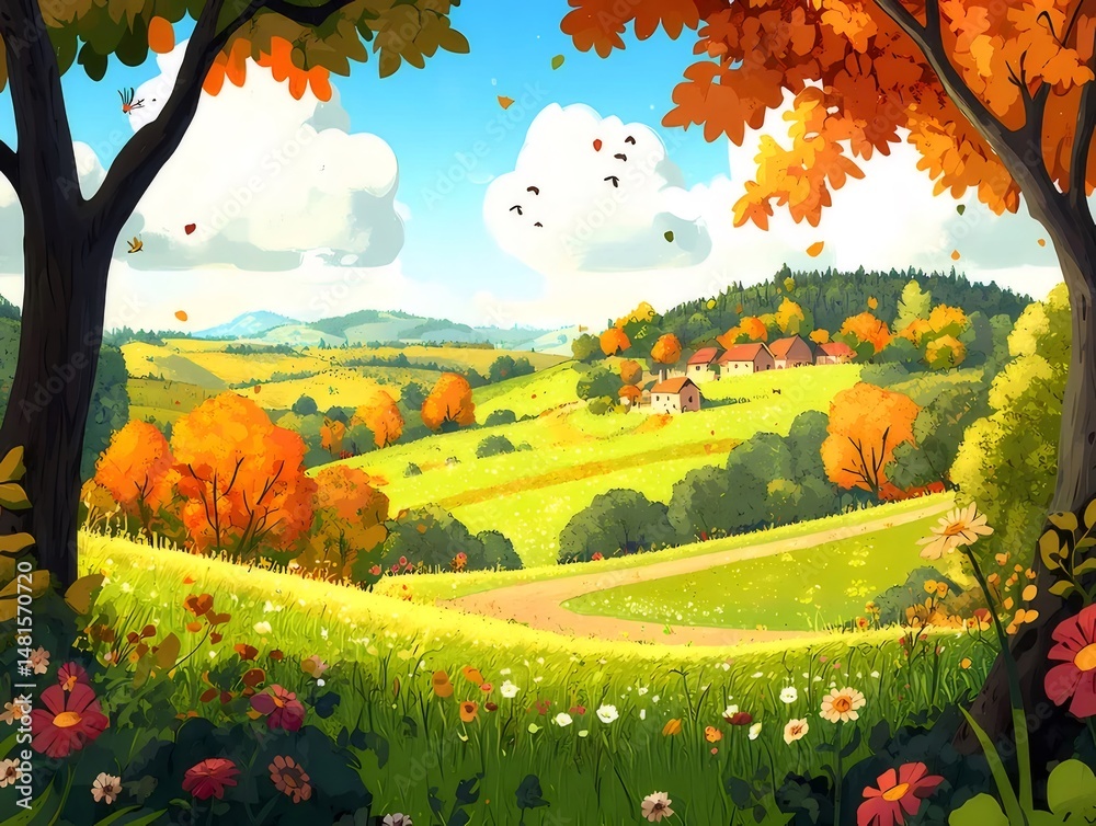 Aufkleber 緑の草地と鮮やかな紅葉の木々が描かれた穏やかな秋の風景 青い空と白い雲が背景の田園地帯のイラスト
