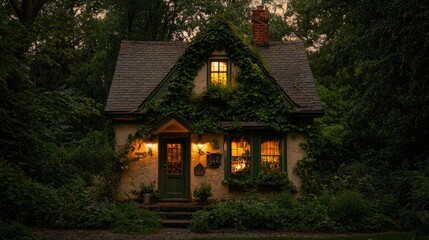 An enchanting cottage is nestled amongst lush green surroundings in evening
