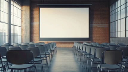 Empty conference room with black chairs, with a projector screen and rows of chairs,  large windows offering natural light for meetings or presentations.