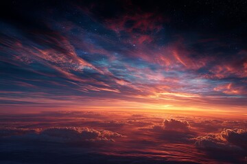 Fototapeta premium Majestic Sunrise Over Earth With Fiery Clouds and Cosmic Background Showcasing Vibrant Colors in a Breathtaking Celestial Landscape