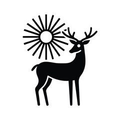 Simple black and white illustration of a deer with antlers standing beneath a radiant sun symbol.