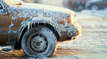 Icy car tire on snowy road: winter driving conditions 
