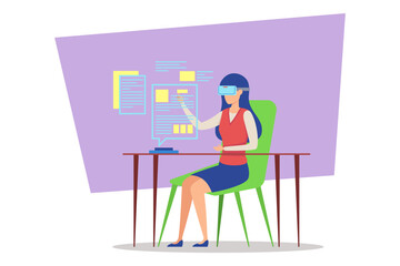 Woman engaged in virtual reality learning activity, sitting at desk with modern chair. Girl interacting with digital content. Integration of technology in education concept