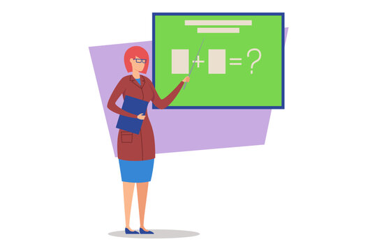Teacher standing in front of green chalkboard, using pointer to explain addition concepts. Students learning essential math skills in vibrant classroom environment