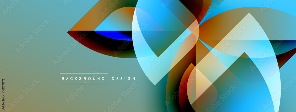 Poster Abstract design features flowing shapes, vibrant colors. Gradient background creates dynamic visual effect. Modern, sleek composition.