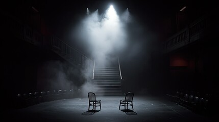 A dimly lit stage with chairs and stairs obscured by fog