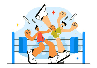 Wrestling Vector Illustration Featuring Two Fighters in a Championship Match or Boxing Competition Inside an Arena with Flat Style Cartoon Background