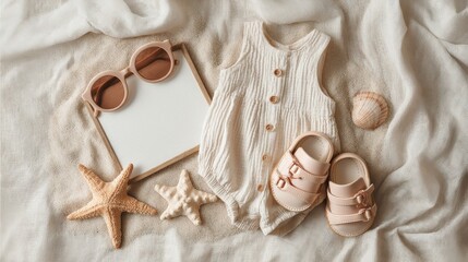 Coastal Newborn Essentials: A serene composition of baby clothing and seaside accessories, designed for a photo-ready announcement or invitations with coastal theme.