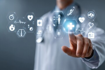 Healthcare Professional Using Technology with Medical Icons Illustrating Digital Transformation in Health Services and Patient Care