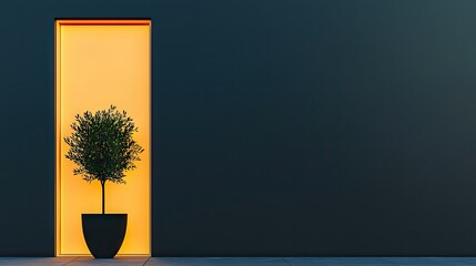 Fototapeta premium A solitary tree inside an illuminated wall niche appears serene