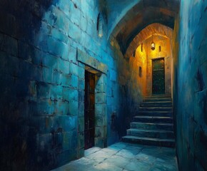 Obraz premium Mystical alleyway with stone walls and glowing light at night.