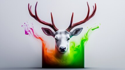 White deer head with vibrant rainbow colored smoke