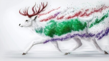White deer running, colored by particles.  Abstract design of animal in motion