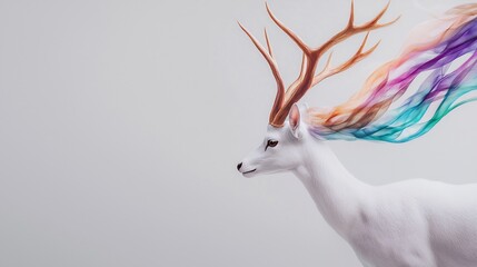 White deer with colorful ribbons, graceful movement against plain background