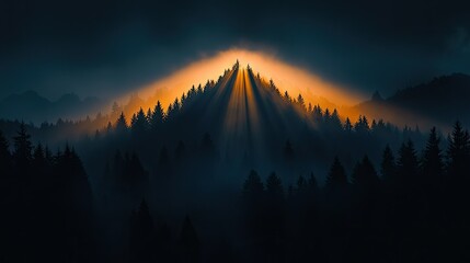 Sunlight shines dramatically over the forested mountain landscape during dusk