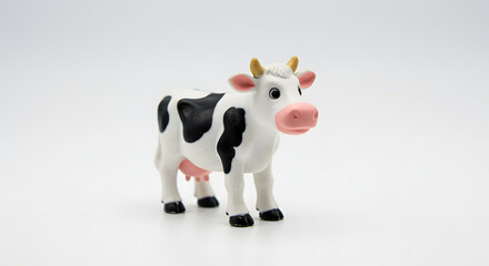 A small, white plastic cow figurine with black patches stands on a plain white background. The cow's got a pink snout, black eyes, and perky ears. It's got a smooth texture and a shiny finish