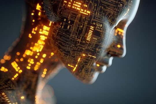 Abstract profile silhouette of a human head with glowing circuit patterns and binary code representing artificial intelligence and technology concepts