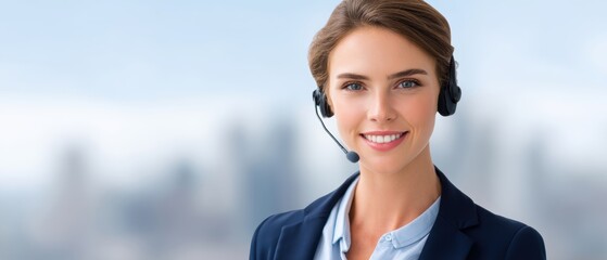 Professional woman with headset smiling confidently, representing customer support or communication in a modern office setting.