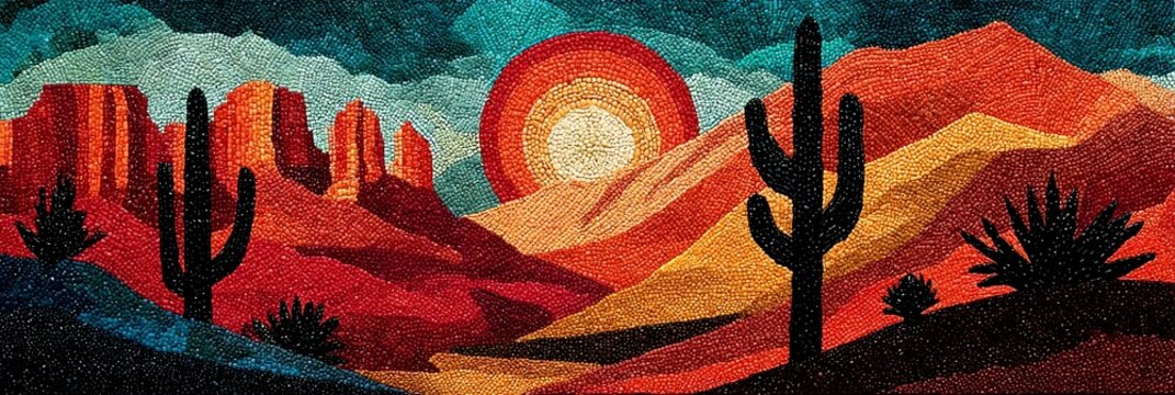 A bold, colorful mosaic of the Arizona desert featuring cacti, mountains, and a warm sunset with Native American geometric patterns.