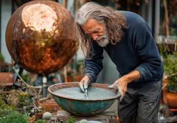 Elderly artisan meticulously working with clay in a large metal bowl outdoors