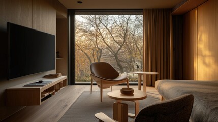 Fototapeta premium A Modern Living Space With Furniture And Natural Views