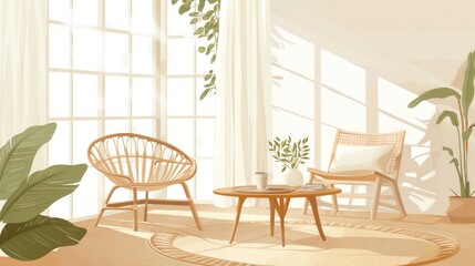 Fototapeta premium Sunny living room with wicker chairs