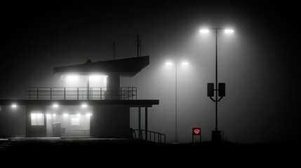 Fototapeta premium Illuminated building and streetlights in a foggy and dark environment