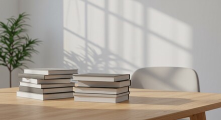 Stacked Books on a Wooden Table with Sunlight Shadows
