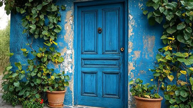 Blue door with greenery exterior