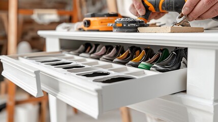 White table with drawers, shoe storage.  Man working on a table