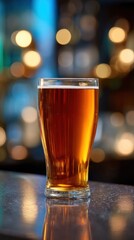 A glass of amber beer sits on a bar counter, illuminated by a blurred, colorful background of lights.