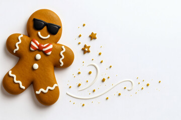 Stylish Gingerbread Man Cookie with Sunglasses and Bow Tie on White Background with Festive Crumbs and Icing Swirls – Fun Holiday Concept in 16:9 Format