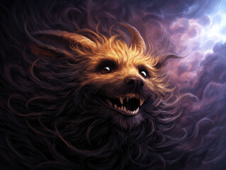  fierce, fantasy creature with glowing eyes and sharp teeth emerges from swirling dark clouds, illuminated by mystical light.