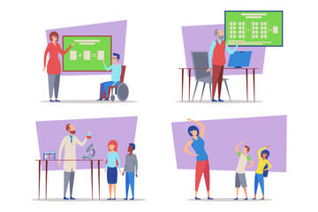 Set of illustrated education activities in various learning environments. Participants engaged in lessons on technology, science, and physical education