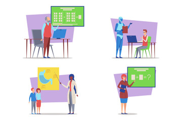 Vibrant collection of educational interactions with diverse individuals participating in various activities. Presentations, discussions, and collaborative learning moments