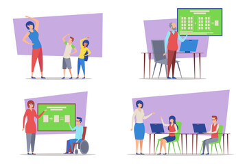 Various educational activities highlighting interaction among students and teachers. Inclusive learning environments and collaborative discussions in classrooms concept